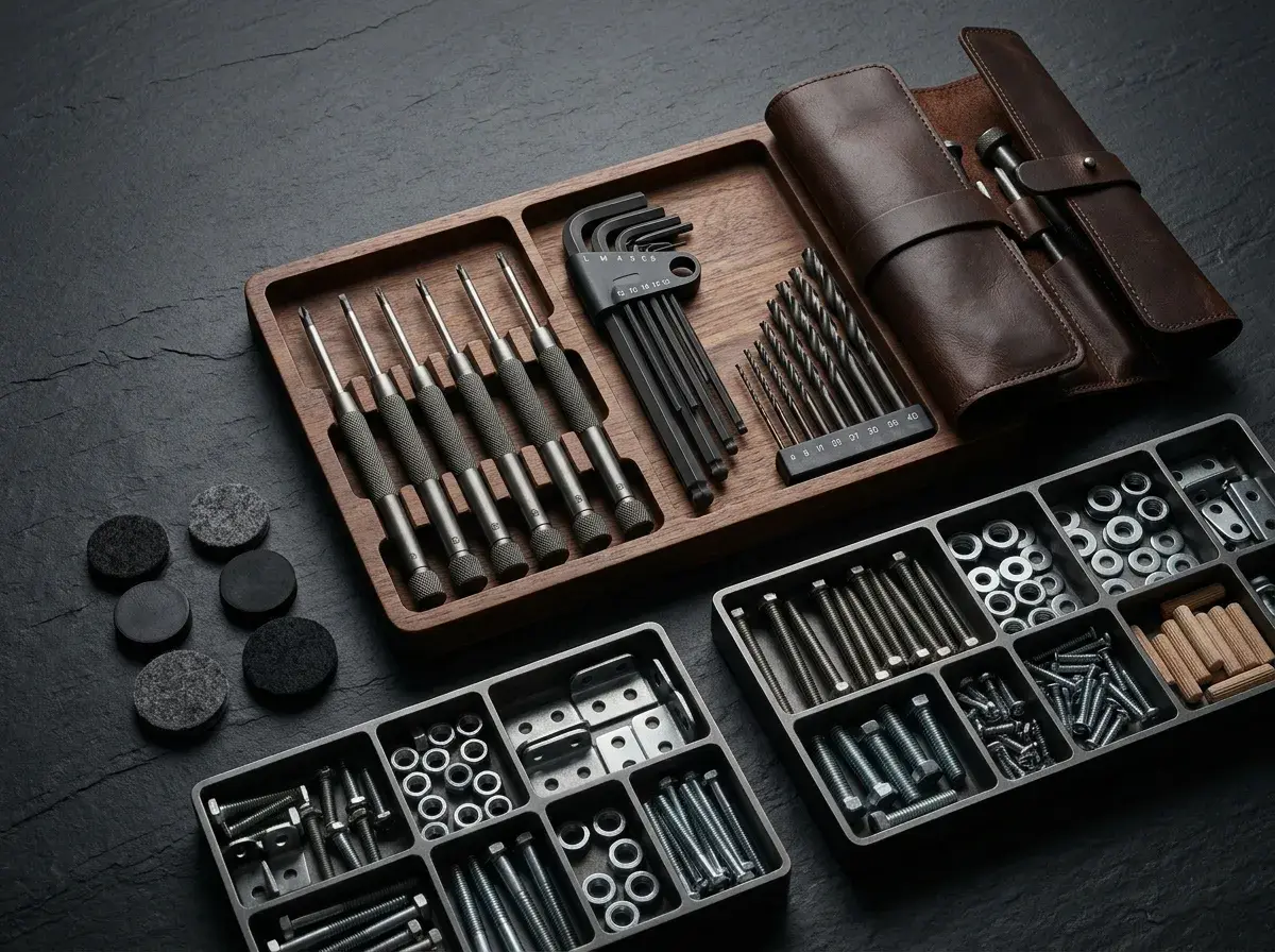 Tools and hardware laid out for a Montage Mobilier furniture assembly job in Montreal